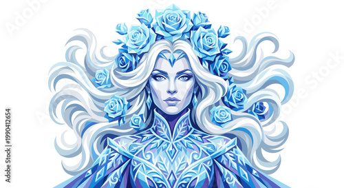 Regal ice queen portrait crowned by blue roses in luminous frosted fantasy style