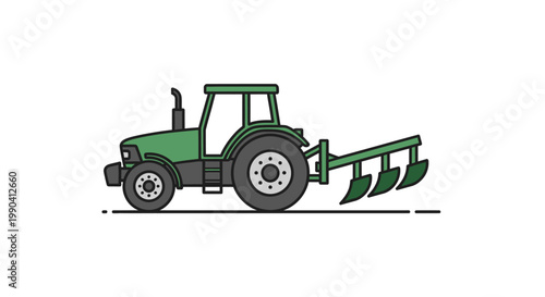 Green tractor with plow on white background agriculture and farming illustration