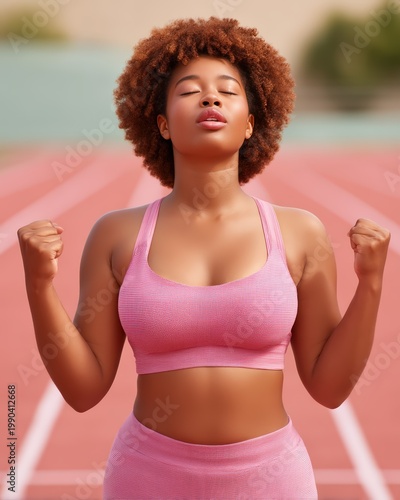 A confident woman in pink athletic wear stands on a track with clenched fists, eyes closed, and a focused, empowered expression.