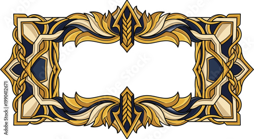 Gold and navy heraldic frame woven from braided filigree and deco leaf flourishes