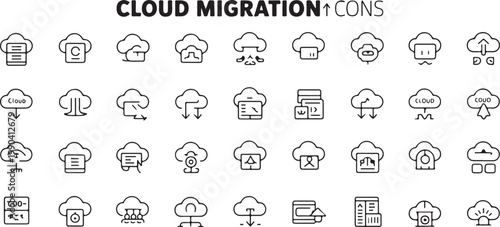 Cloud migration icons set featuring network computing data storage server technology transfer systems for digital business solutions.