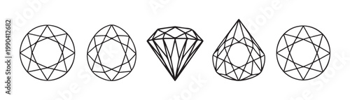 Vector set of five black outline diamond shapes on transparent background.