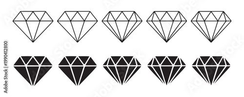 Diamond gemstone outline and solid icons for jewelry branding and luxury graphic design set.