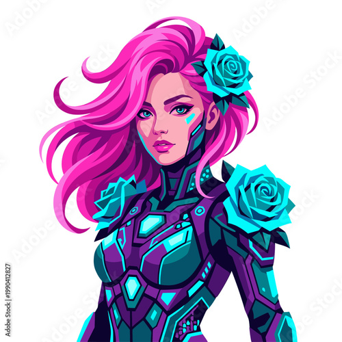 Cyberpunk heroine portrait neon pink hair teal roses and futuristic armor glow