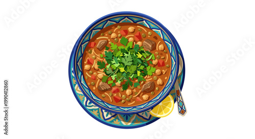 Hearty chickpea stew in a blue ceramic bowl crowned by cilantro and lemon