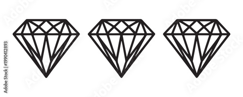 Three identical diamond gemstone icons in linear style for elegant fashion jewelry branding.
