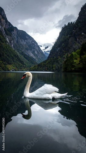 White Swan Swimming On A Calm Alpine Lake With Majestic Mountain Backdrop And Snow Capped Peak Under Cloudy