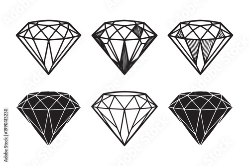 Set of hand drawn sketch style diamonds and gems icons on a transparent background vector.