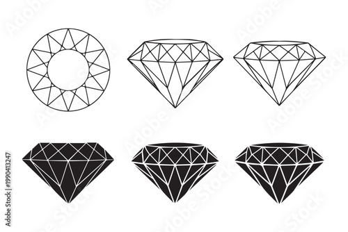 Set of six diamonds and circular faceted gem outlined and solid on transparent background.