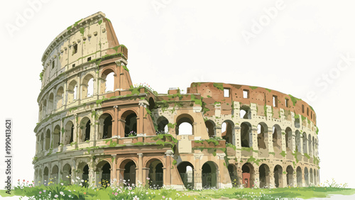 Watercolor Illustration of the Ruined Ancient Roman Colosseum, Overgrown with Wild Greenery and Spring Wildflowers at the Base, Historic Architectural Landscape on Plain White Background