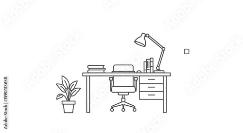 Minimalist office desk with chair plant and lamp vector illustration