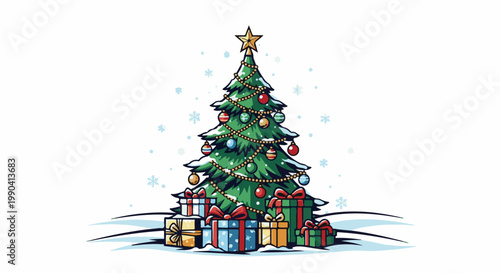 Festive decorated evergreen tree with ornaments, a star topper, and wrapped presents in snow
