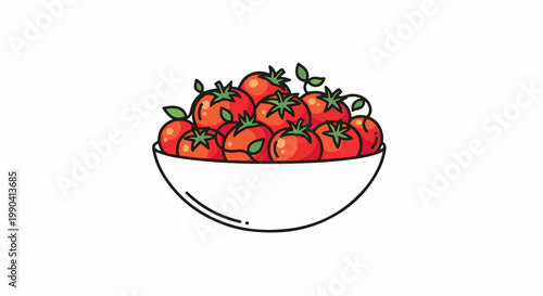 A white bowl overflowing with ripe, red, round tomatoes and green leaves