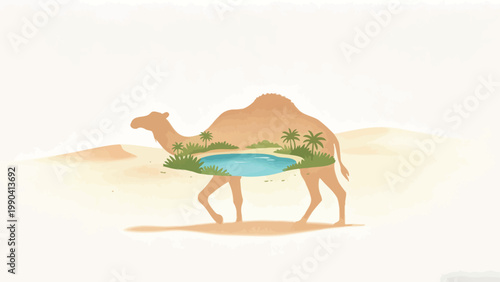 Negative Space Artistic Illustration of a Dromedary Camel Walking Through a Desert With a Hidden Oasis Inside its Silhouette