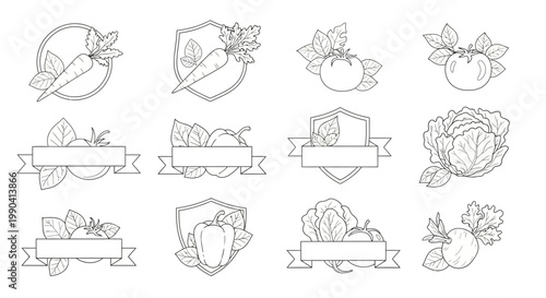 Vegetable icons with labels and shields.