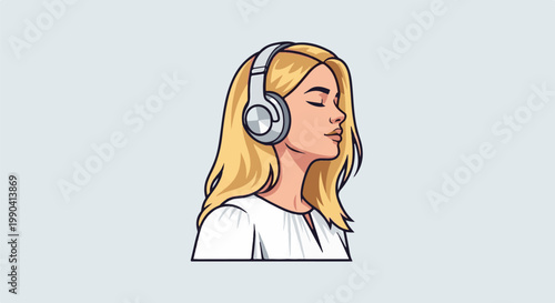 A woman with blonde hair wearing headphones and eyes closed enjoys music