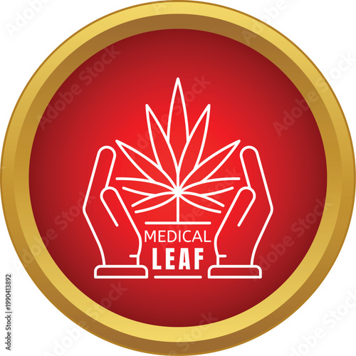 Hands holding a cannabis leaf with medical leaf text, representing herbal medicine and healthcare
