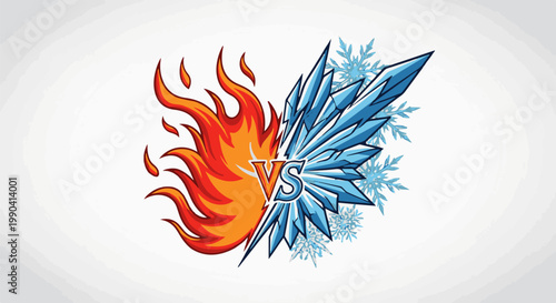 Stylized split image contrasting a fiery flame on the left with sharp ice crystals on the right, separated by a VS