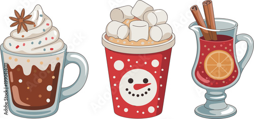 Winter drinks illustrations set, hot chocolate coffee and mulled wine with marshmallows, festive vector collection isolated background