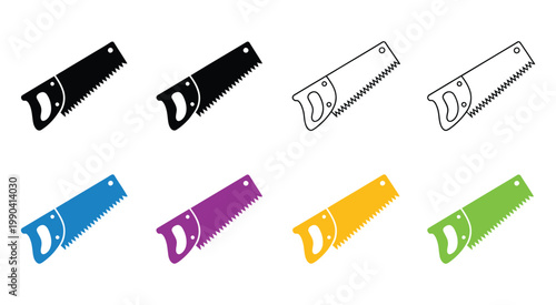 Hand Saw Icons Set Line Style Tools Carpentry Wood Cutting Equipment Construction Vector Illustration Collection Isolated Background