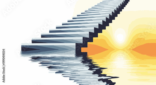 Abstract stairway ascends over shimmering water towards a bright, radiant sun