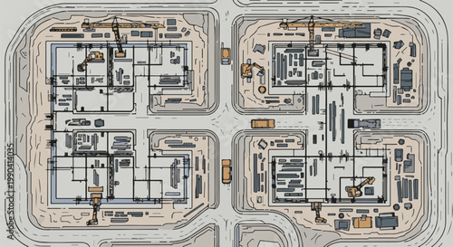 Aerial view of an urban construction site with cranes, diggers, and trucks at various stages of development