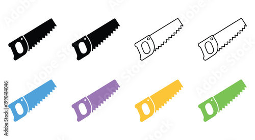 Hand Saw Icons Set Line Style Tools Carpentry Wood Cutting Equipment Construction Vector Illustration Design Isolated Background