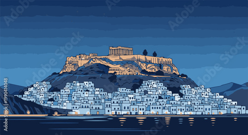 Pixelated view of an ancient Greek acropolis and white-washed village by the sea at dusk