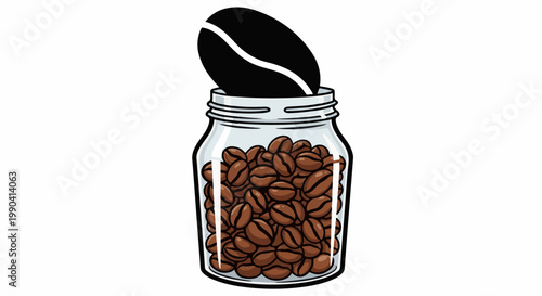 A transparent glass jar is filled with roasted coffee beans, topped with a single large black bean