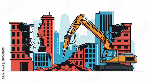 Yellow excavator demolishes red and blue buildings in a city skyline
