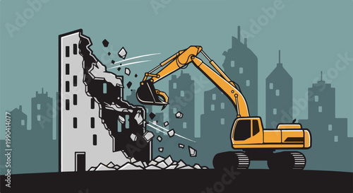 Yellow excavator demolishes a building with debris flying against city skyline