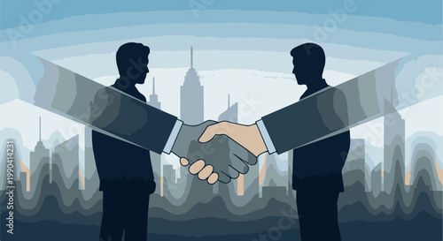 Two figures in silhouette shake hands against a stylized cityscape
