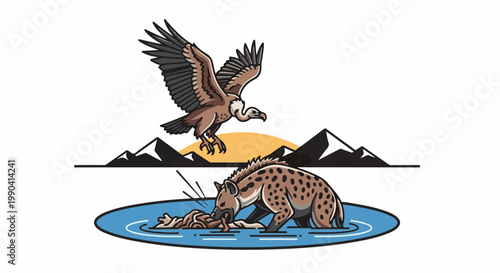 A hyena eats in water as a vulture descends above mountains and sun