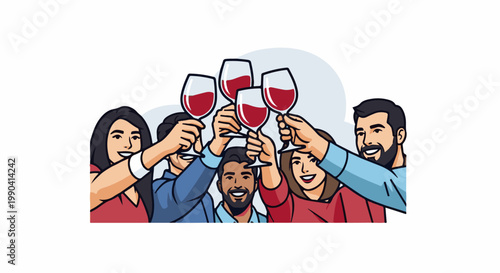 A group of diverse friends clinking glasses of red wine together in a celebratory toast