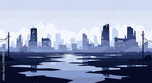 Pixelated, desolated city skyline with puddles reflecting ruined buildings and a pale sky