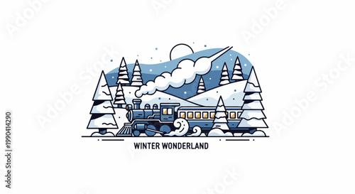 Charming flat illustration of a steam train traversing a snowy winter landscape with pine trees and a bright moon