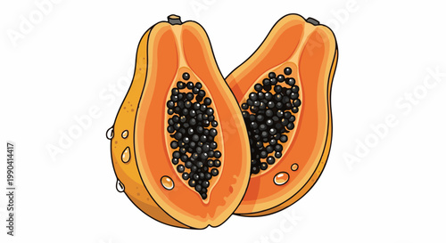 Freshly cut papaya halves with black seeds and water droplets
