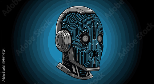 A pixelated robotic head with glowing blue circuitry against a gradient blue background