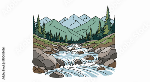 Mountain stream flowing through rocky terrain with evergreen trees and distant peaks