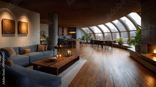Sophisticated modern interior lounge featuring natural wood accents and a bright panoramic city view