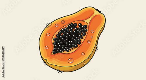 A juicy, ripe papaya half with glistening water droplets, revealing a core of black seeds