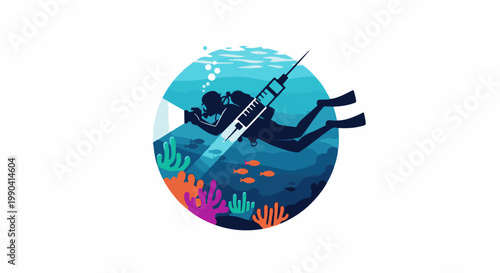 Diver with syringe explores vibrant coral reef, bathed in light rays