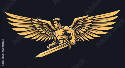 A muscular winged figure with golden wings and sword on dark blue background