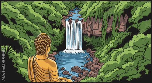 Golden Buddha meditating by a lush waterfall in a jungle
