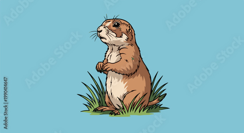Cute cartoon prairie dog stands alert in green grass against a blue background