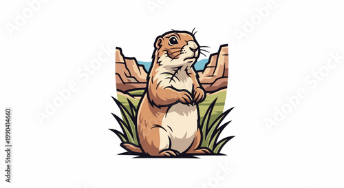 Adorable cartoon prairie dog stands alertly in a grassy meadow with rocky bluffs in the background