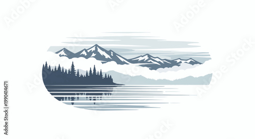 Serene mountain range above clouds reflected in calm water with pine trees