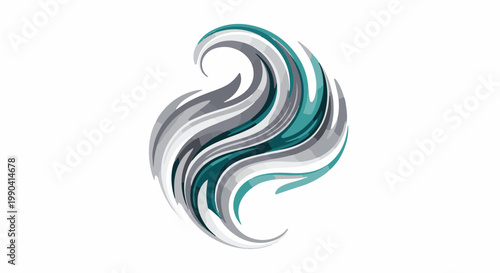 Abstract flowing design with teal and grey wavy lines on white background