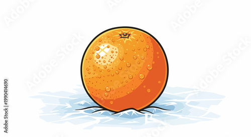 A round orange with water droplets rests on cracked ice