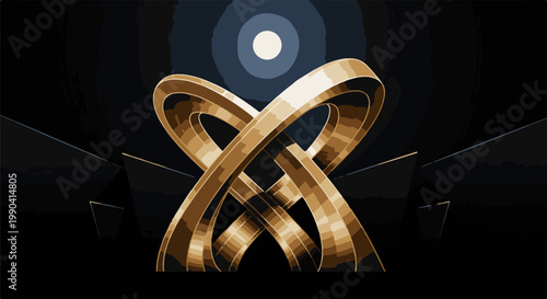 Abstract sculpture, golden loops, dark background, circular light source